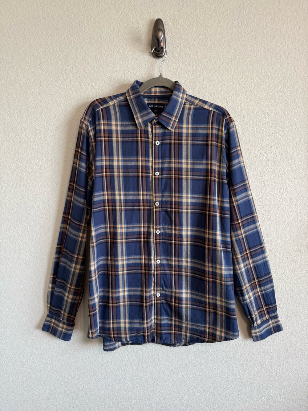 Jack Maverick Blue Tan Plaid Long Sleeve Button Front Cotton Casual Shirt Sz LG